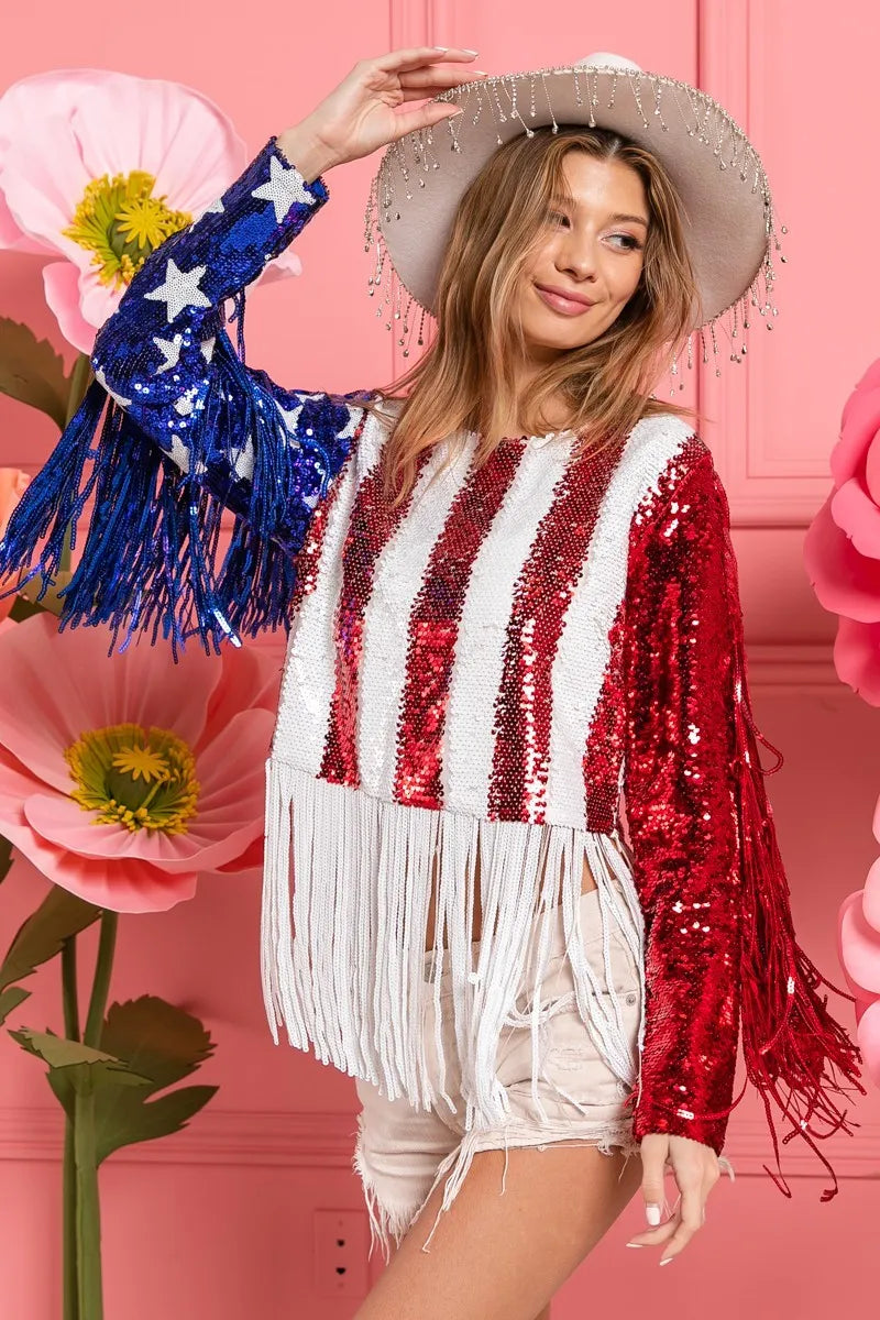 BiBi American Flag Theme Fringe Detailed Sequins Crop Top OutfitFlow