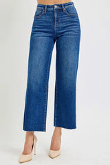 RISEN Full Size Tummy Control High Rise Wide Crop Jeans Plus Size DARK Trendsi
