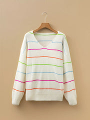 Colorful Striped Detail V Neck Drop Shoulder Baggy Sweater OutfitFlow