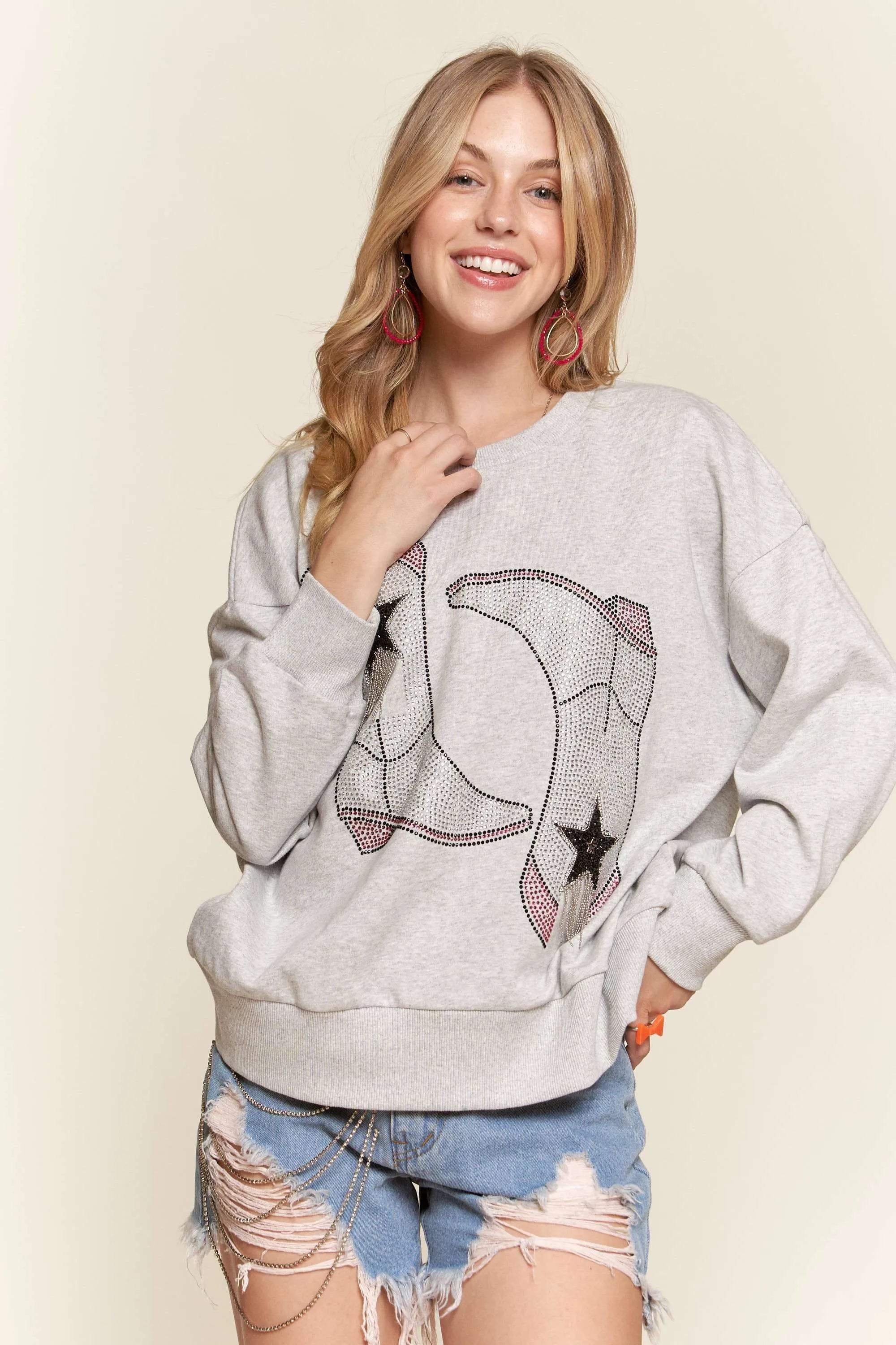 ADORA Rhinestone Accent Casual Sweatshirt OutfitFlow