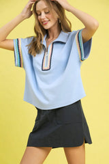 Umgee Contrast Trim Half Zip Collared Blouse OutfitFlow