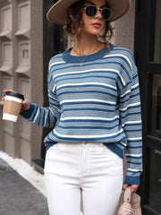 Perfee Striped Round Neck Long Sleeve Sweater OutfitFlow