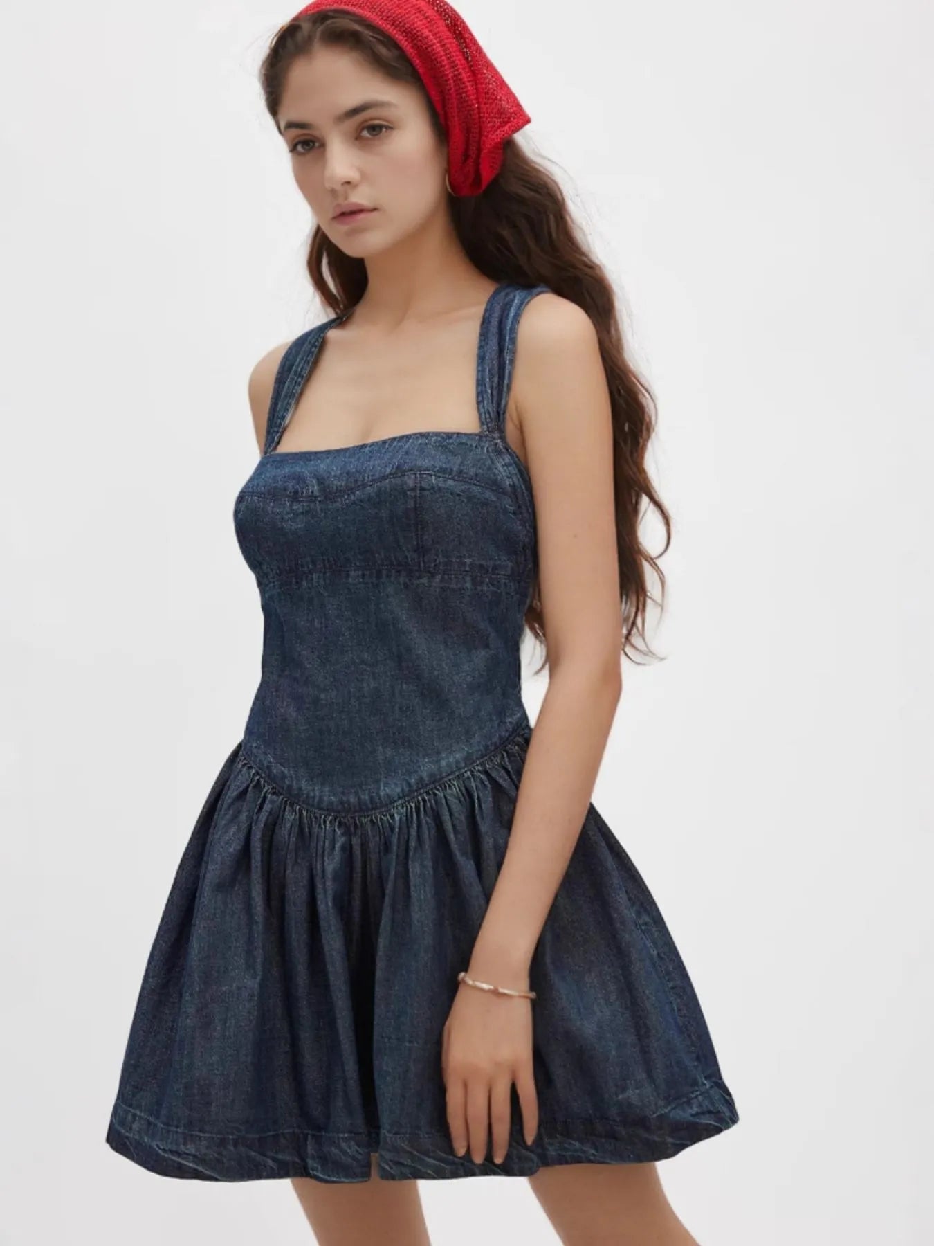 Smocked Crisscross Back Denim Mini Dress Dark Blue OutfitFlow