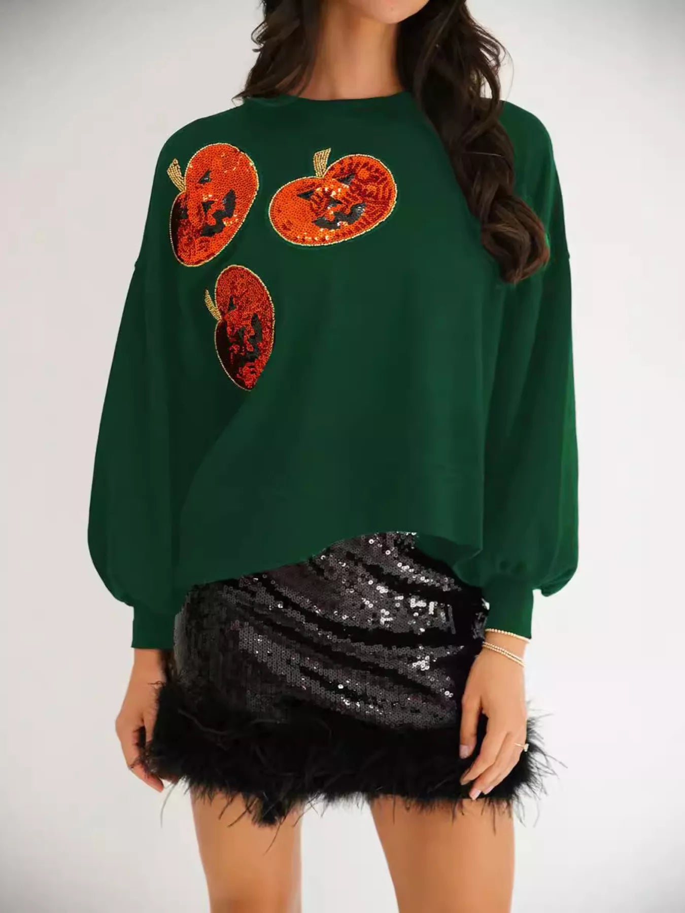 Halloween Pumpkin Round Neck Sweatshirt Green OutfitFlow
