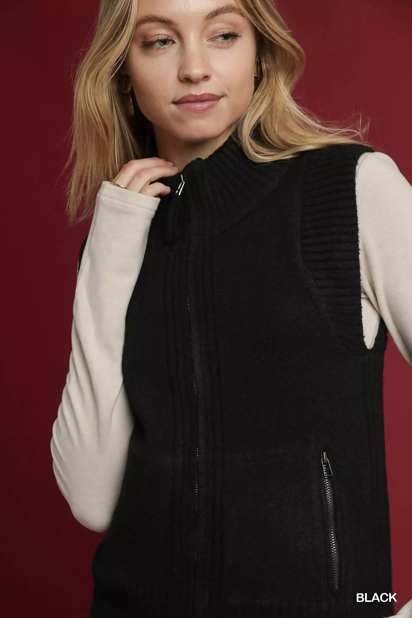 Umgee Zip-Up Sweater Vest with Ribbed Trim OutfitFlow