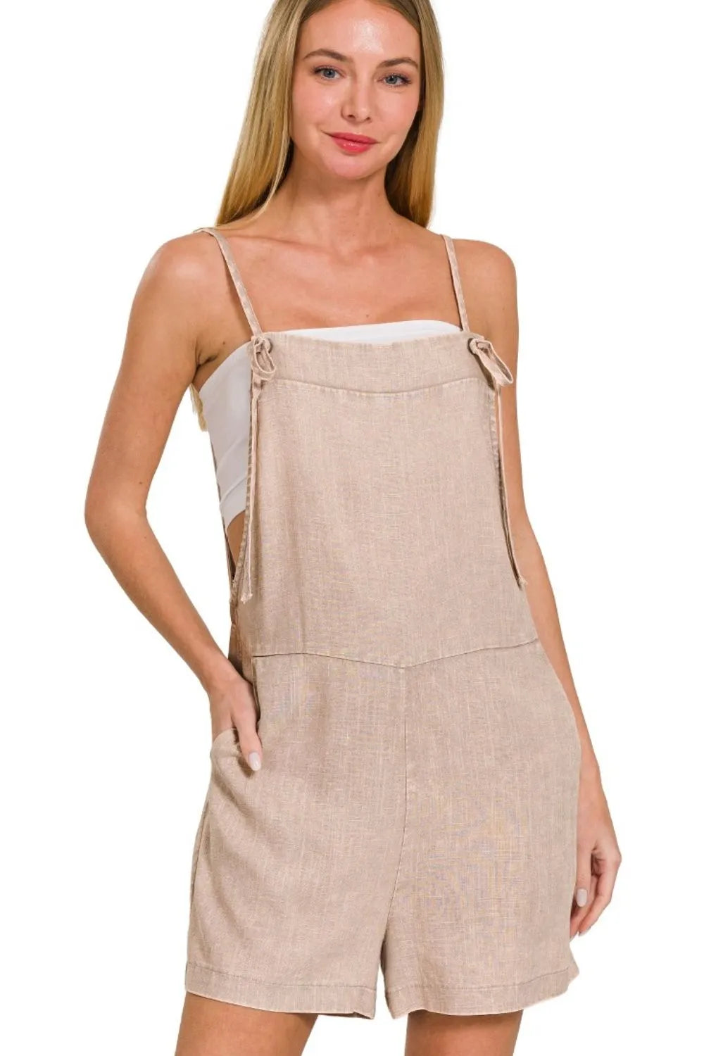 Zenana Washed Linen Knot Strap Rompers ASH MOCHA OutfitFlow