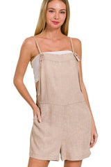Zenana Washed Linen Knot Strap Rompers ASH MOCHA OutfitFlow