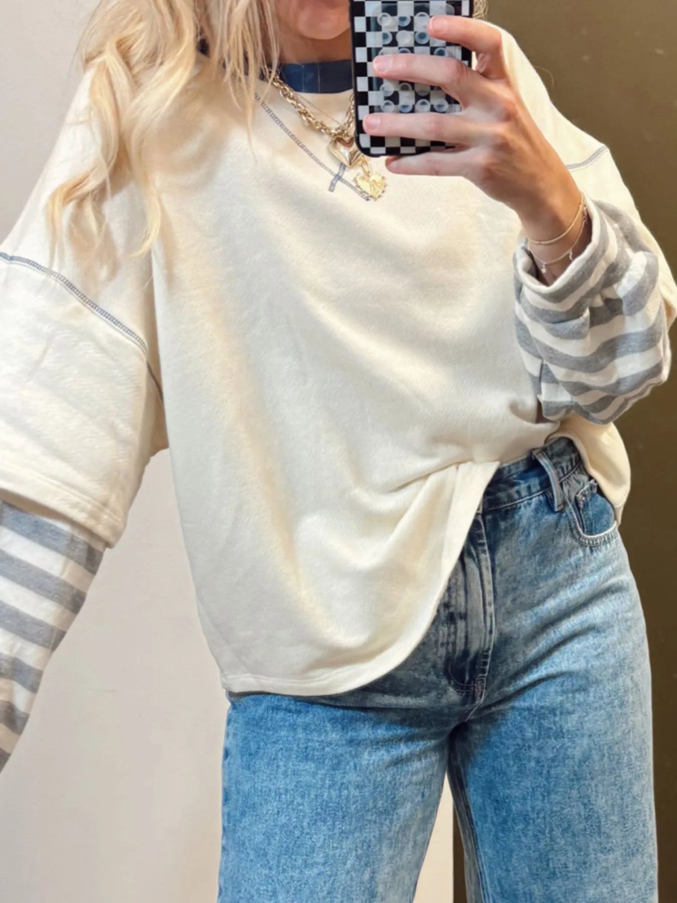 Striped Patchwork Long Sleeve Round Neck Two-in-one Top OutfitFlow