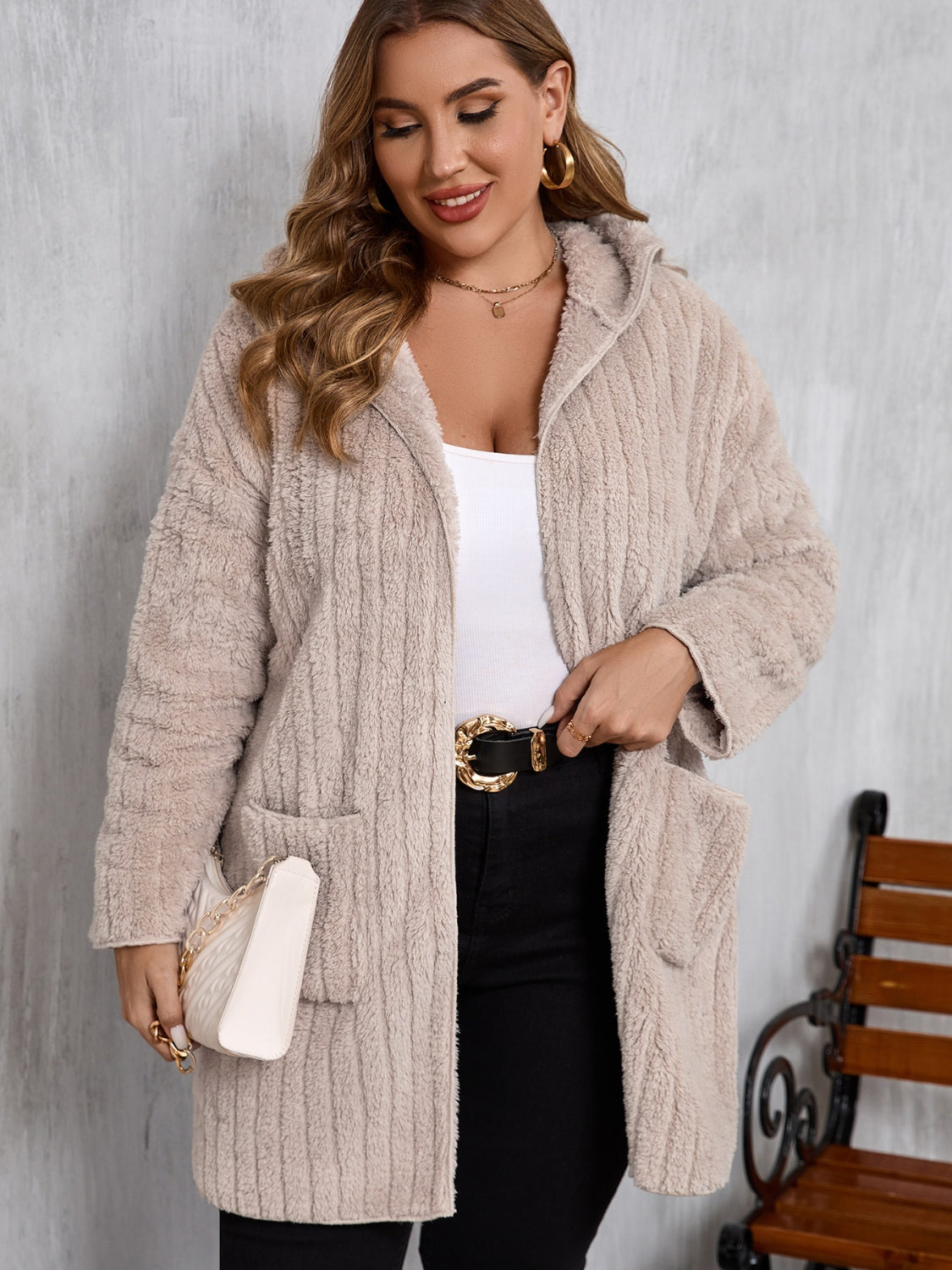 Outfit Flow - Plus Size Open Front Long Sleeve Hooded Fuzzy Jacket