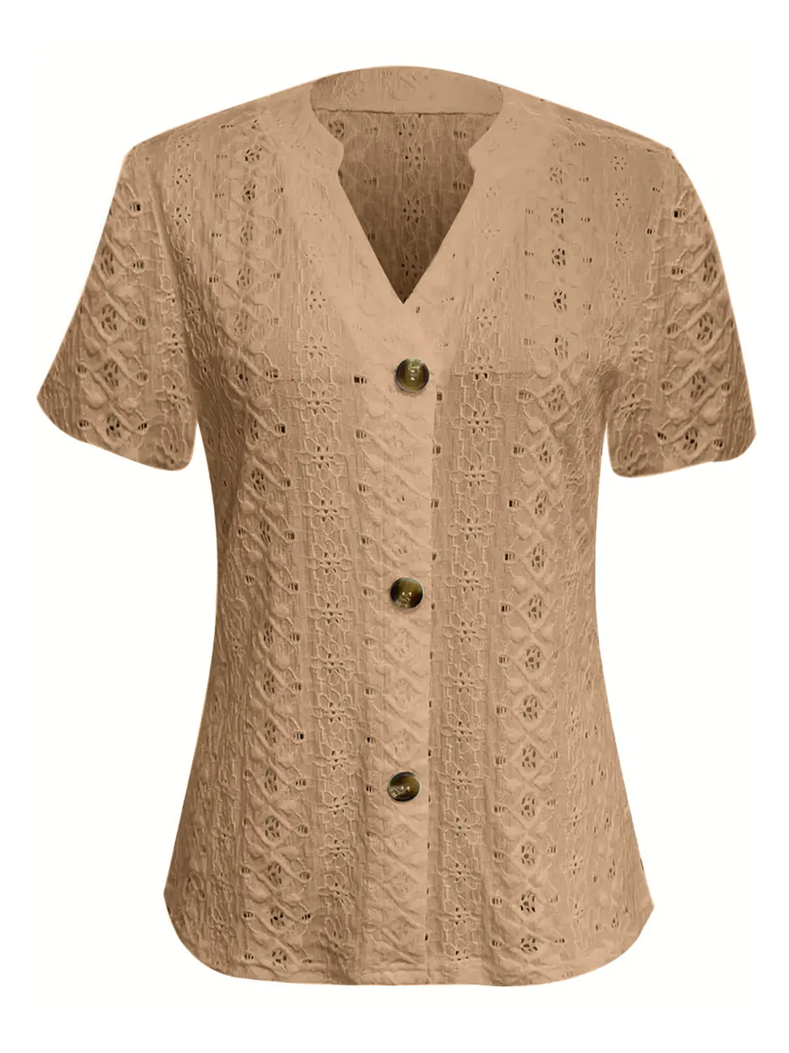 Openwork Notched Short Sleeve Top OutfitFlow