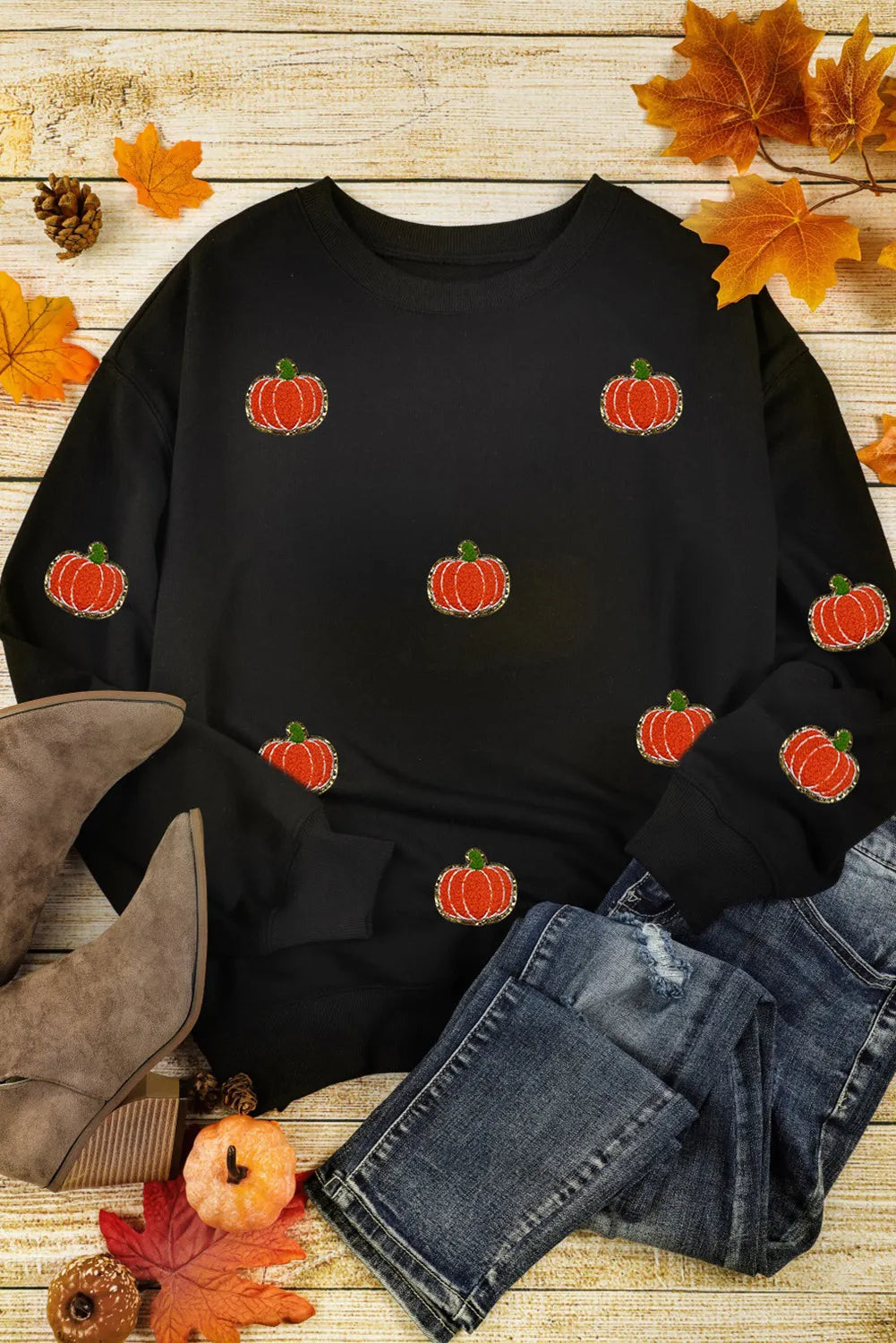 Pumpkin Round Neck Long Sleeve Sweatshirt OutfitFlow