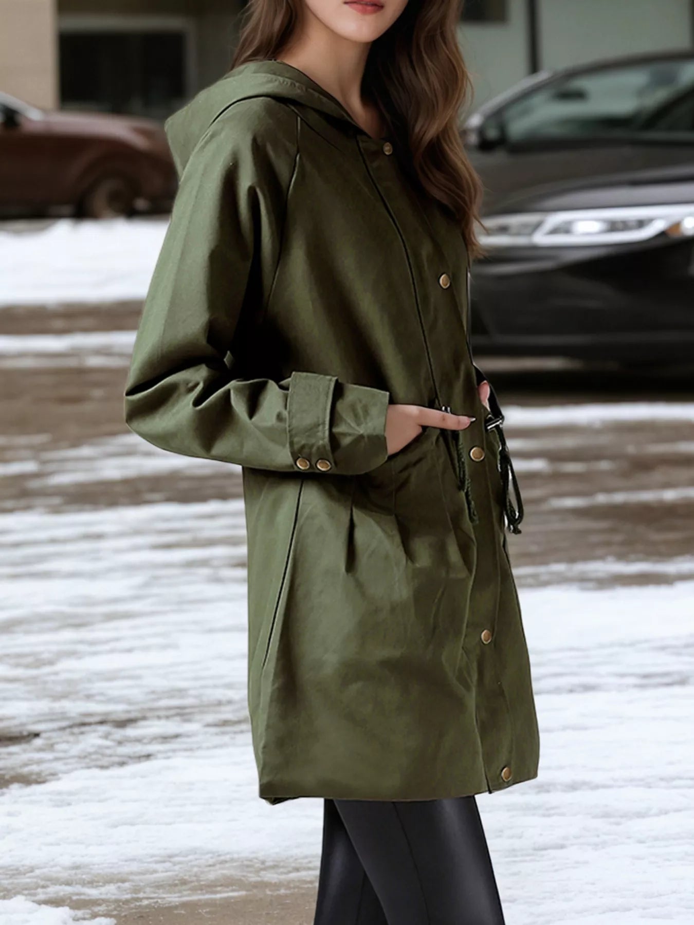 Plus Size Hooded Drawstring Waist Trench Coat OutfitFlow