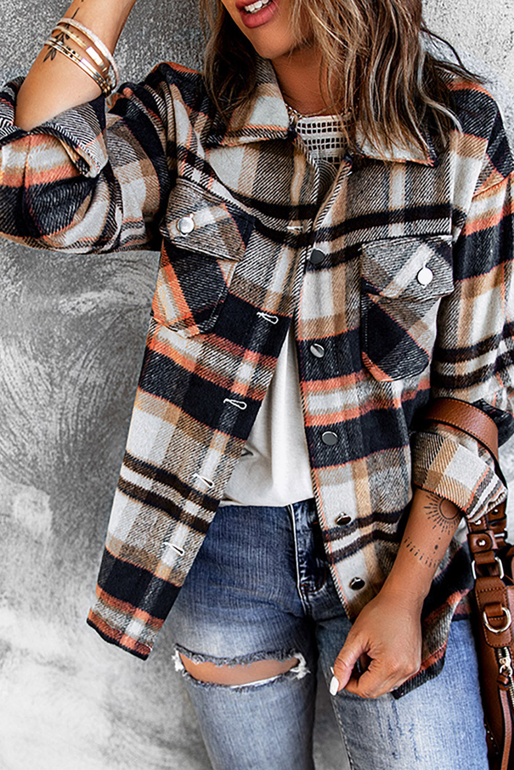 Plaid Button Front Shirt Jacket with Breast Pockets Trendsi