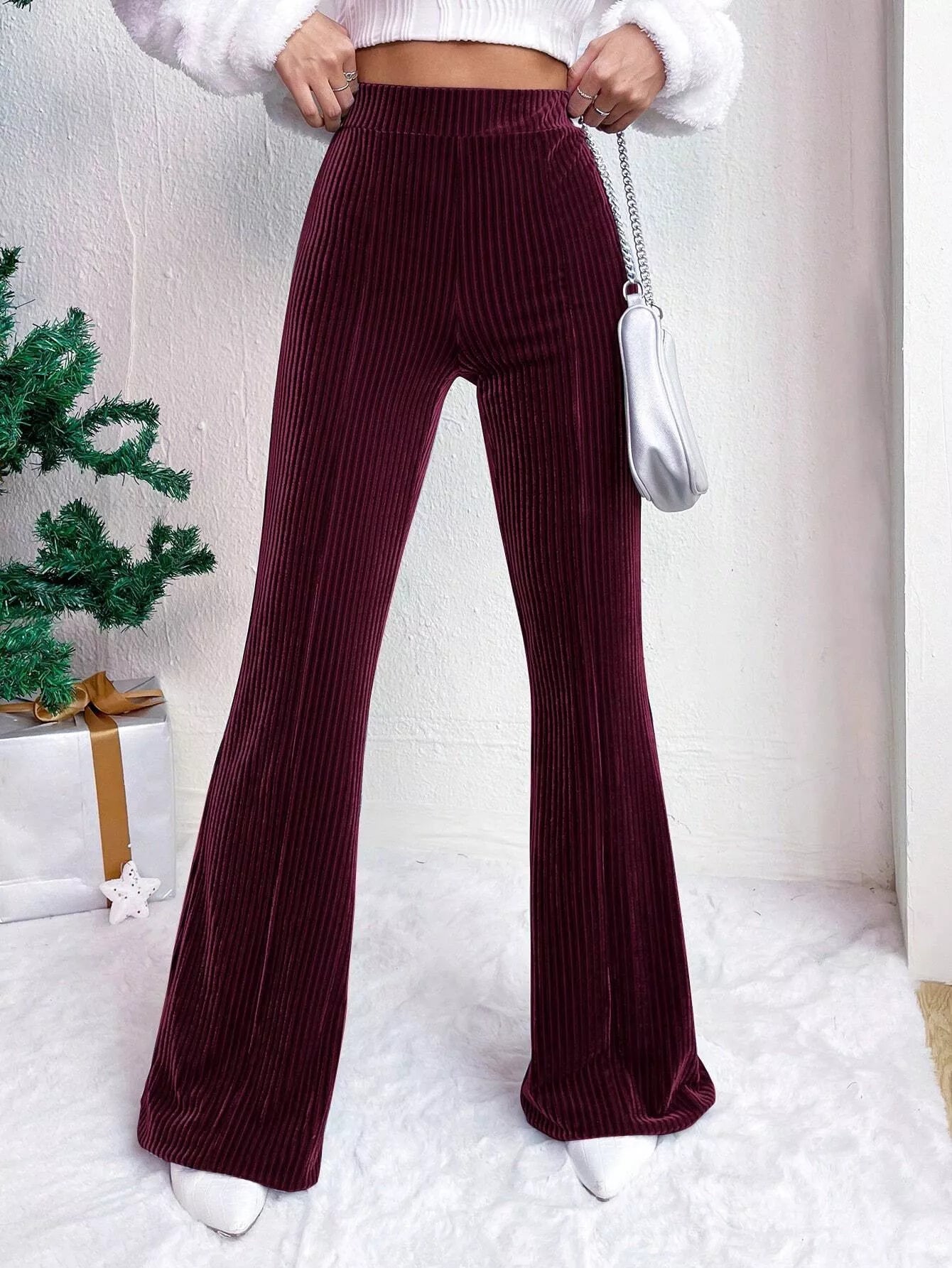 Corduroy High Waist Flare Pants Burgundy OutfitFlow