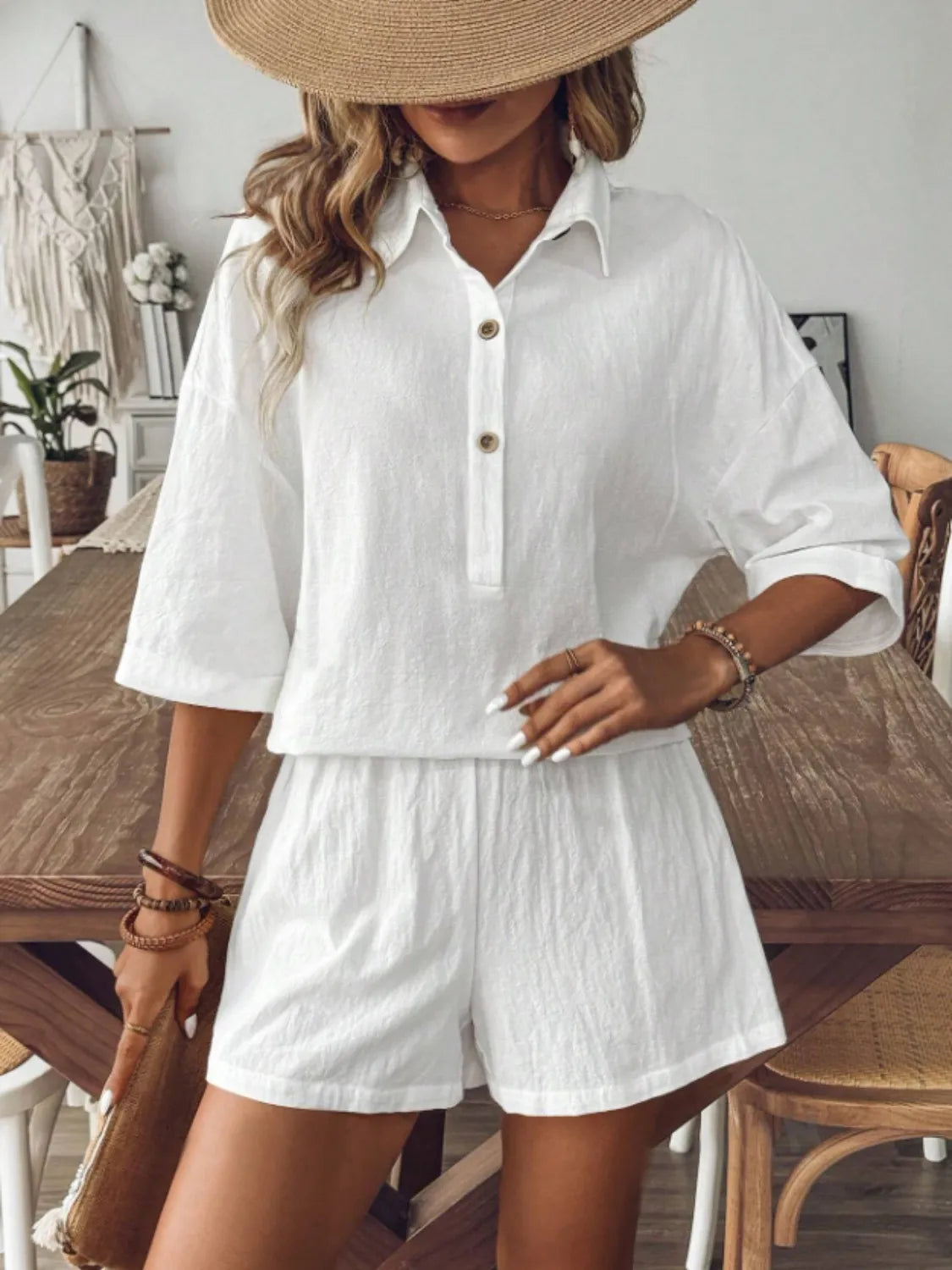 Collared Neck Half Sleeve Top and Shorts Set OutfitFlow