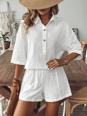 Collared Neck Half Sleeve Top and Shorts Set OutfitFlow
