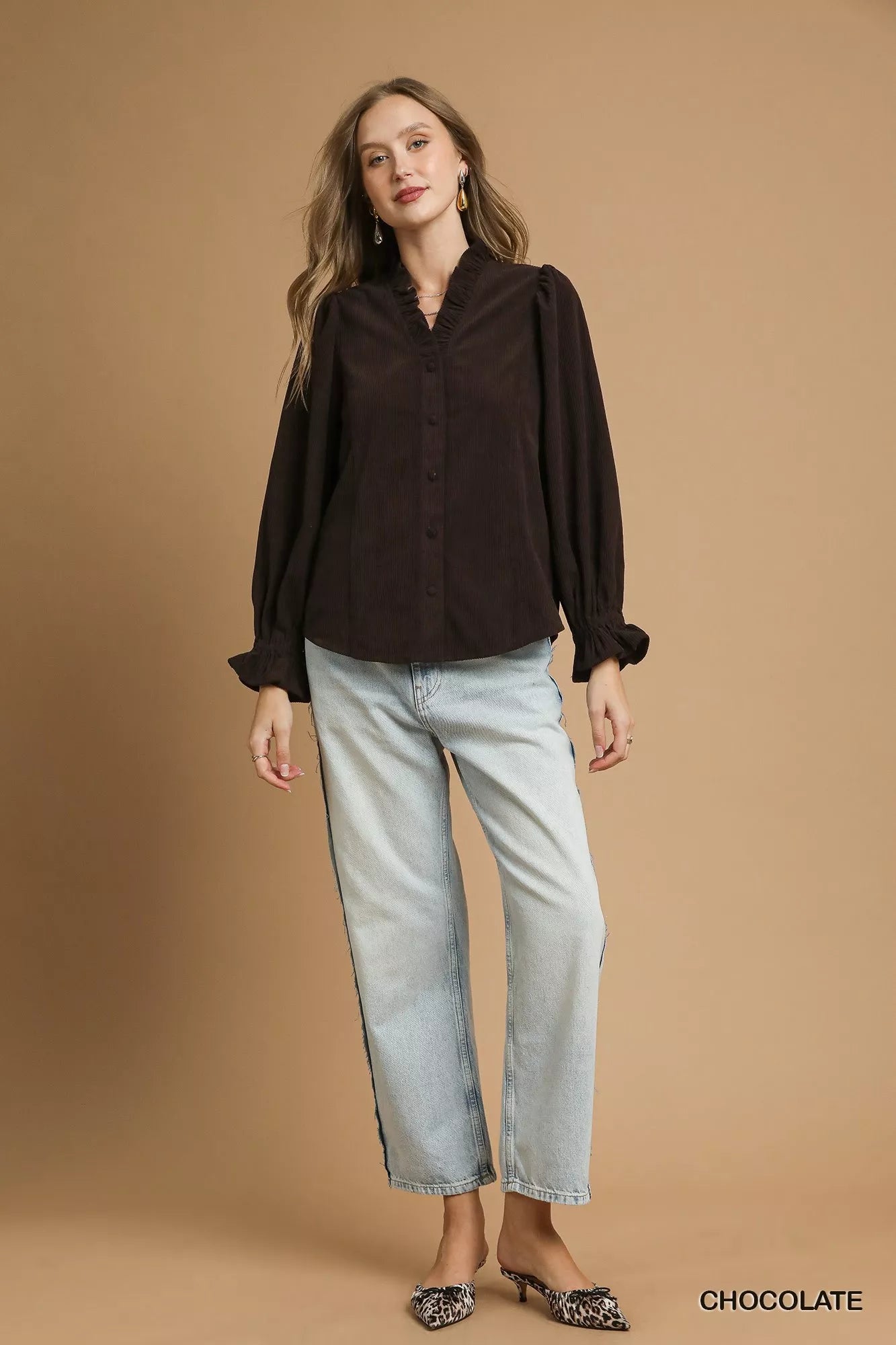 Umgee Corduroy Ruffle Shirt with Long Puff Sleeves OutfitFlow