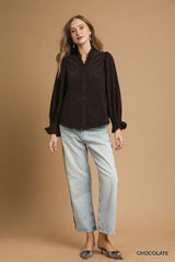 Umgee Corduroy Ruffle Shirt with Long Puff Sleeves OutfitFlow