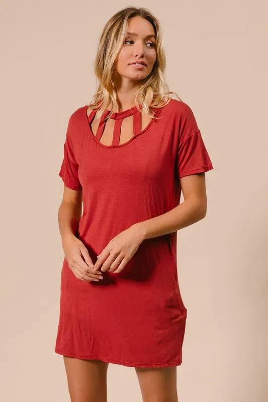 BiBi Front Cutout Mini Tee Dress with Pockets OutfitFlow