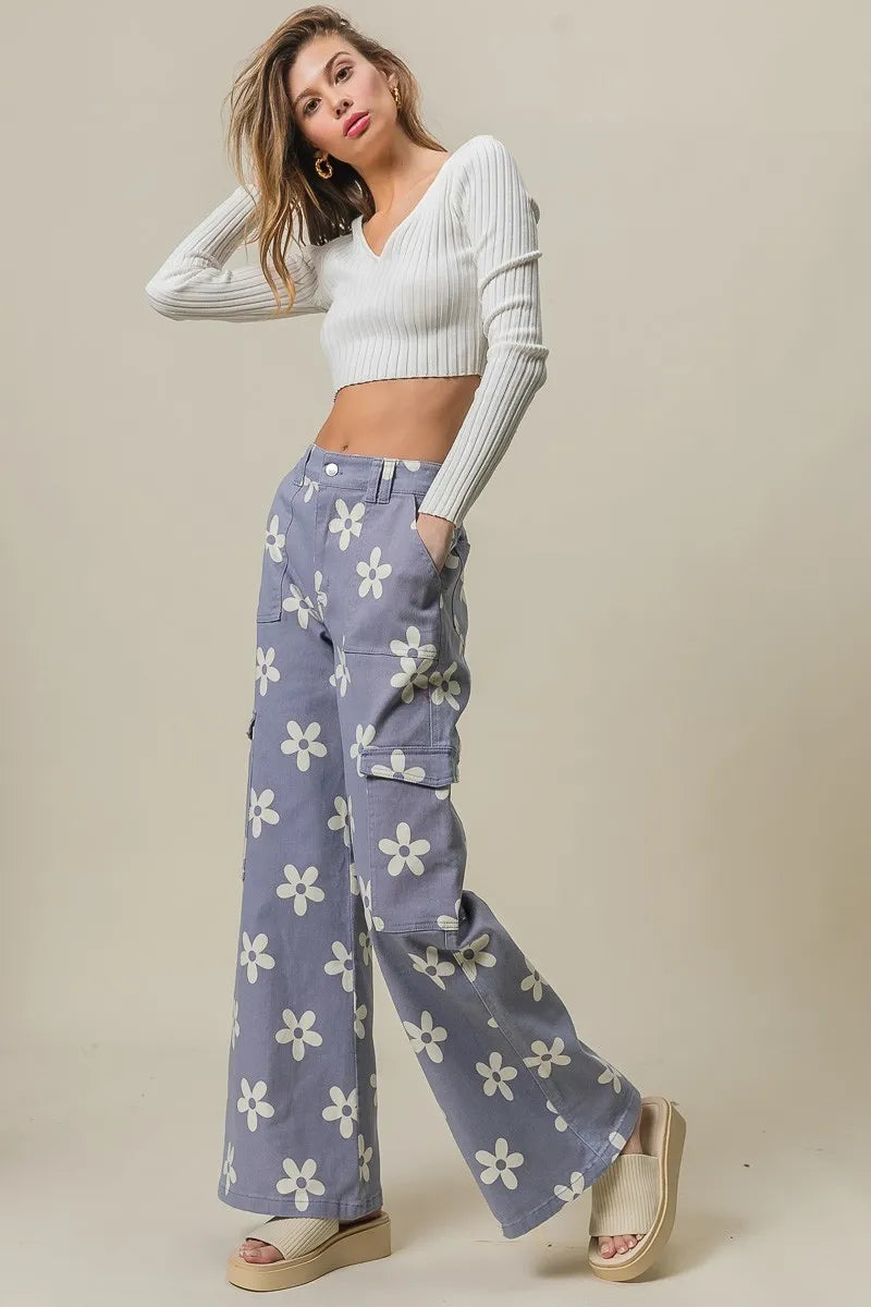 BiBi Flower Printed Side Pocket Wide Pants OutfitFlow