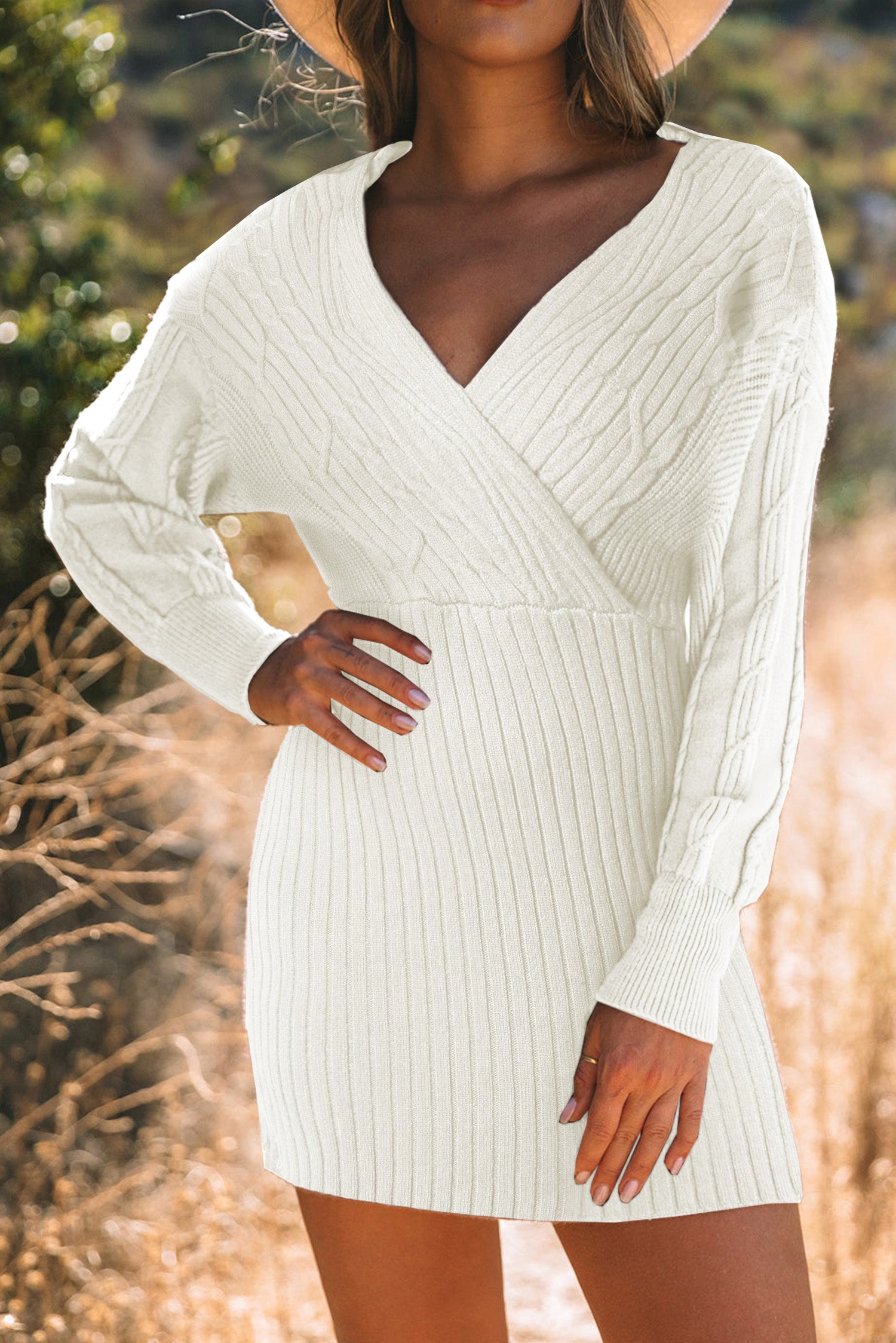 Outfit Flow - Cable-Knit Surplice Lantern Sleeve Sweater Dress