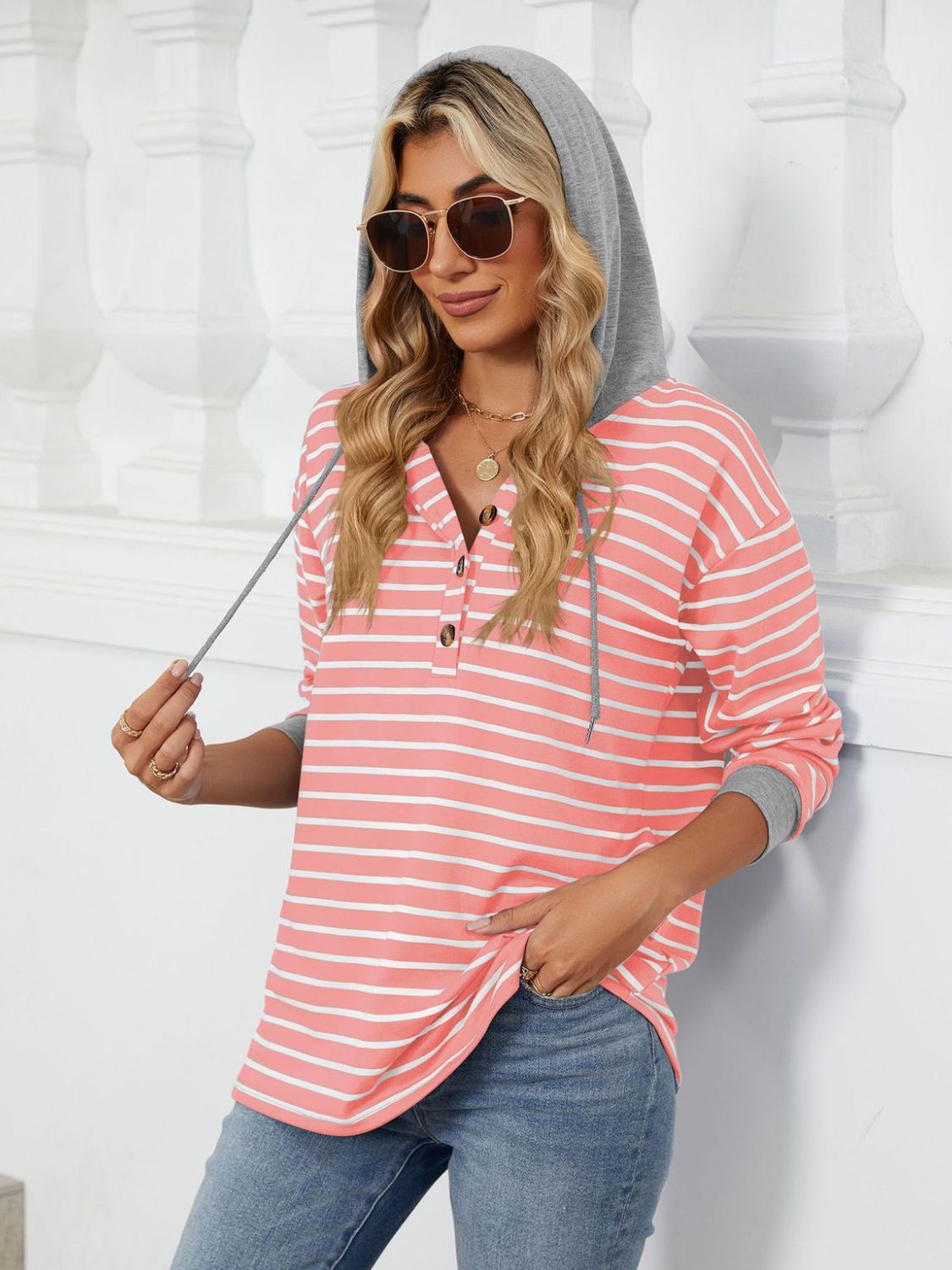 Outfit Flow - Drawstring Striped Long Sleeve Hoodie