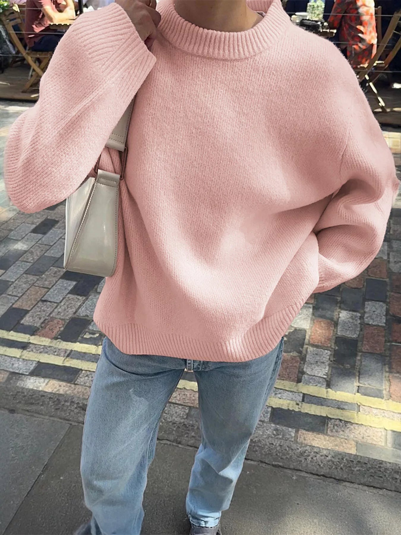 Ribbed Round Neck Dropped Shoulder Sweater Pink OutfitFlow