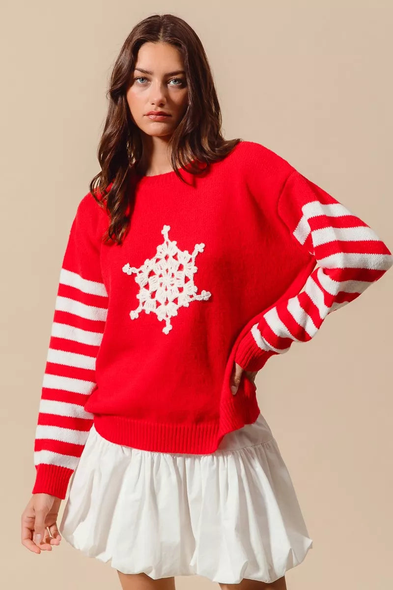 SO ME Christmas Snowflake Crochet Embellished Sweater Trendsi