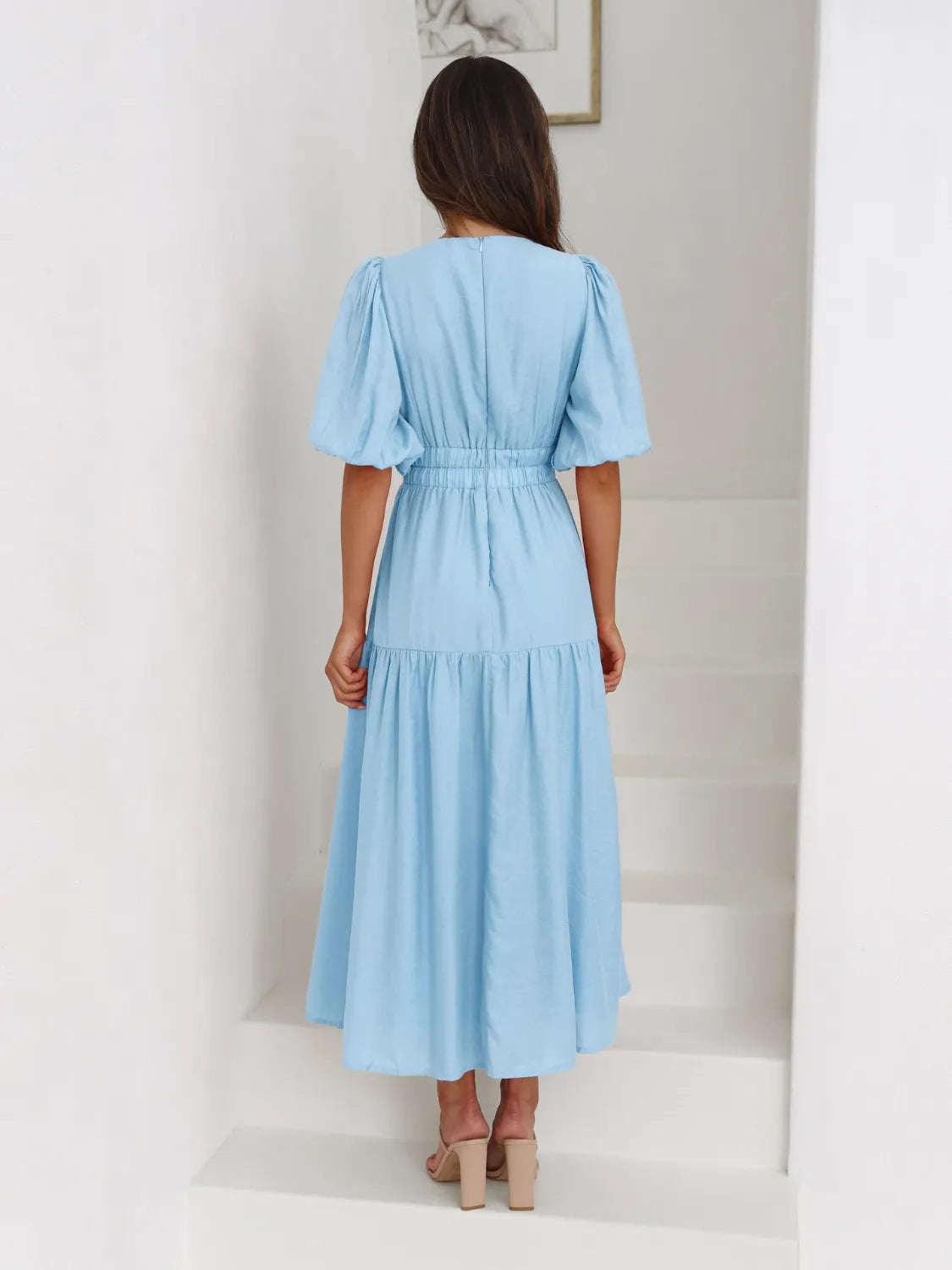 Surplice Half Puff Sleeve Midi Dress OutfitFlow