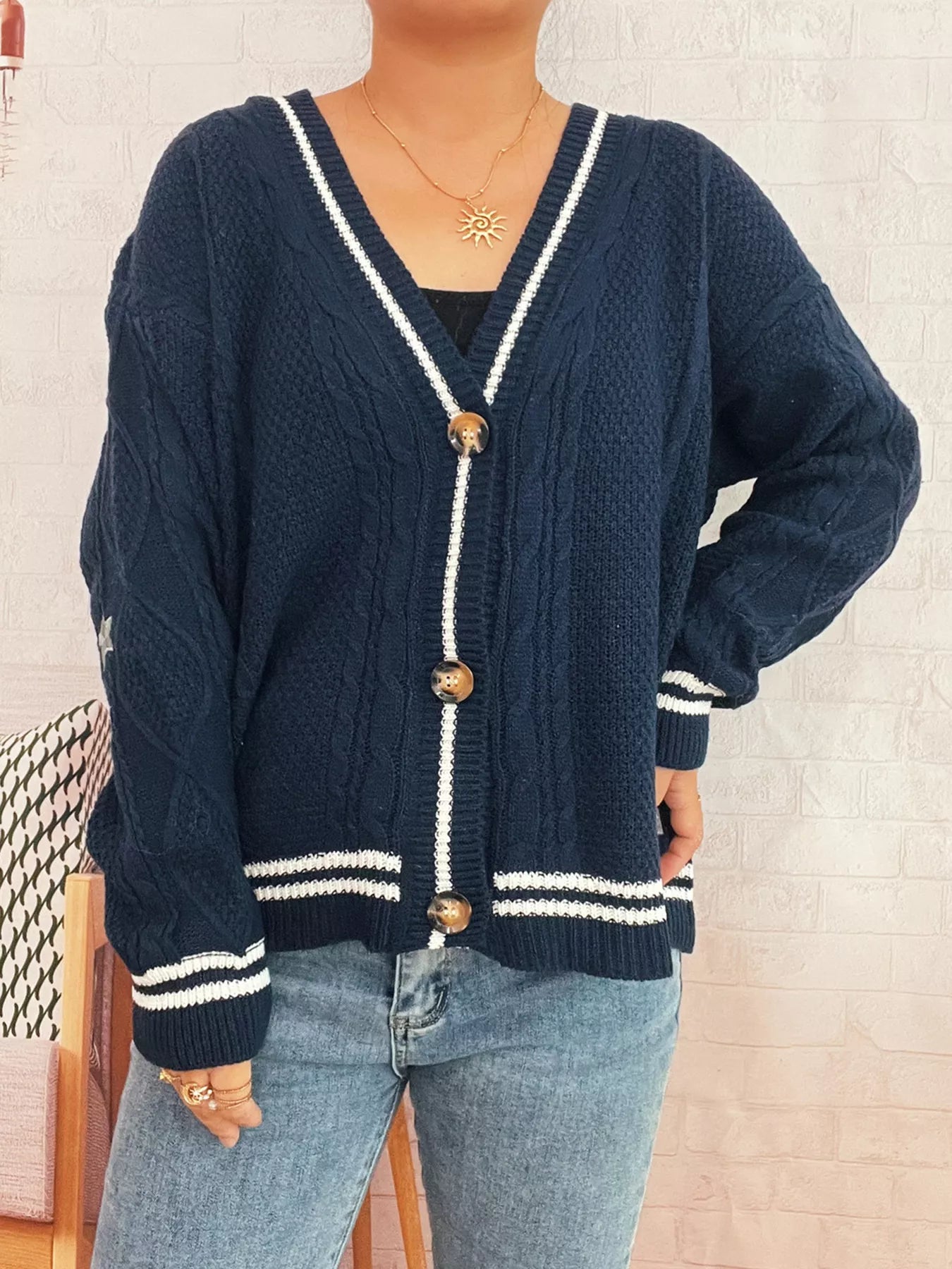 Star Pattern Button-Up Cardigan with Contrast Trim Dark Blue One Size OutfitFlow