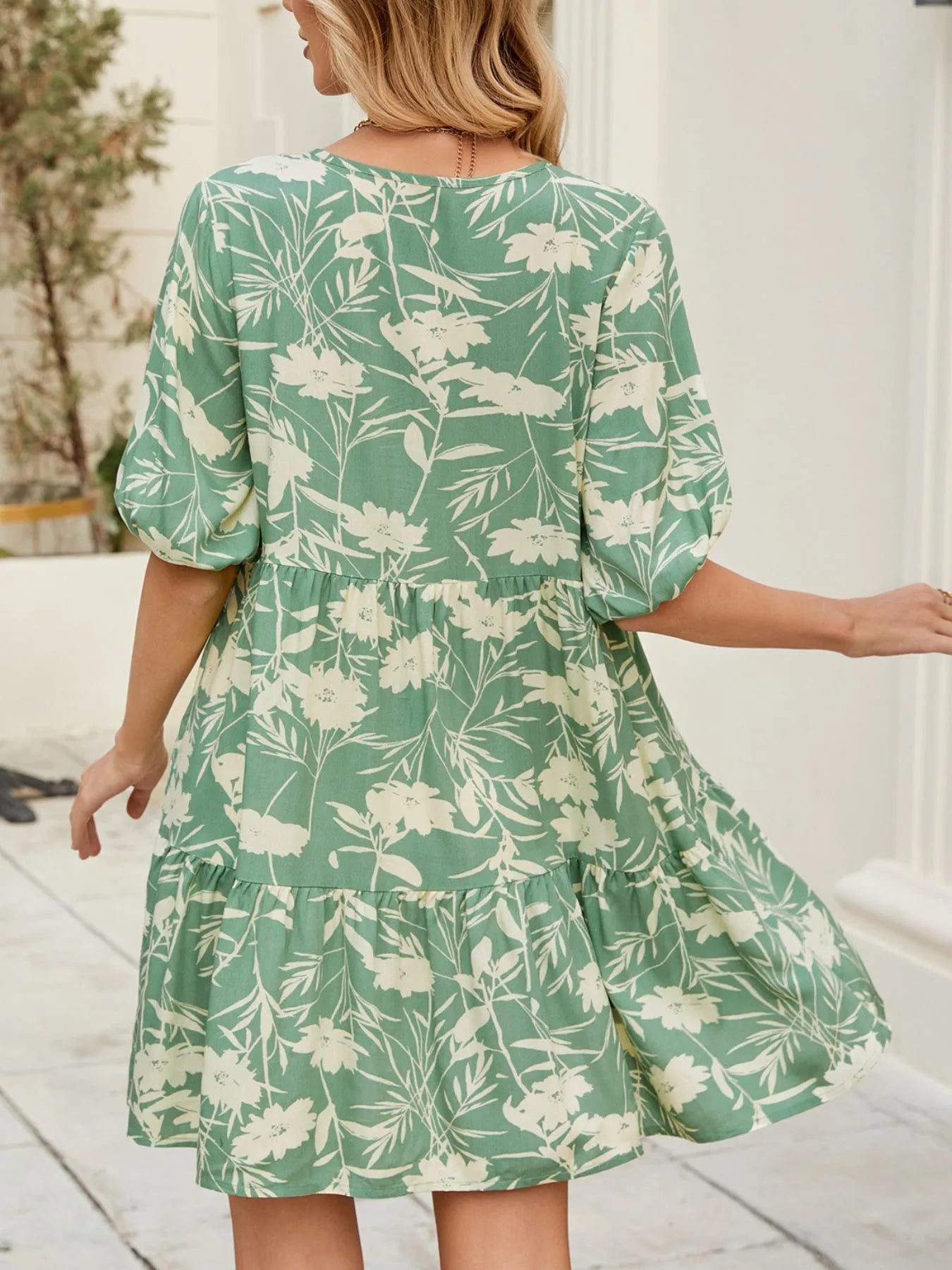 Printed V-Neck Ruffle Hem Mini Dress OutfitFlow