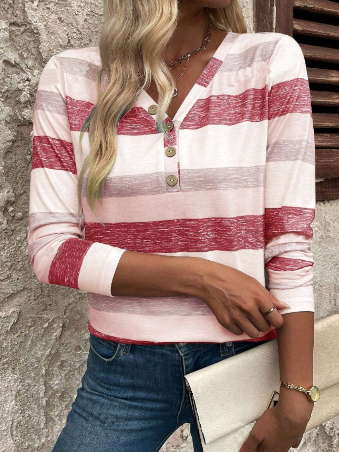 Outfit Flow - Contrast Striped V-Neck Long Sleeve T-Shirt