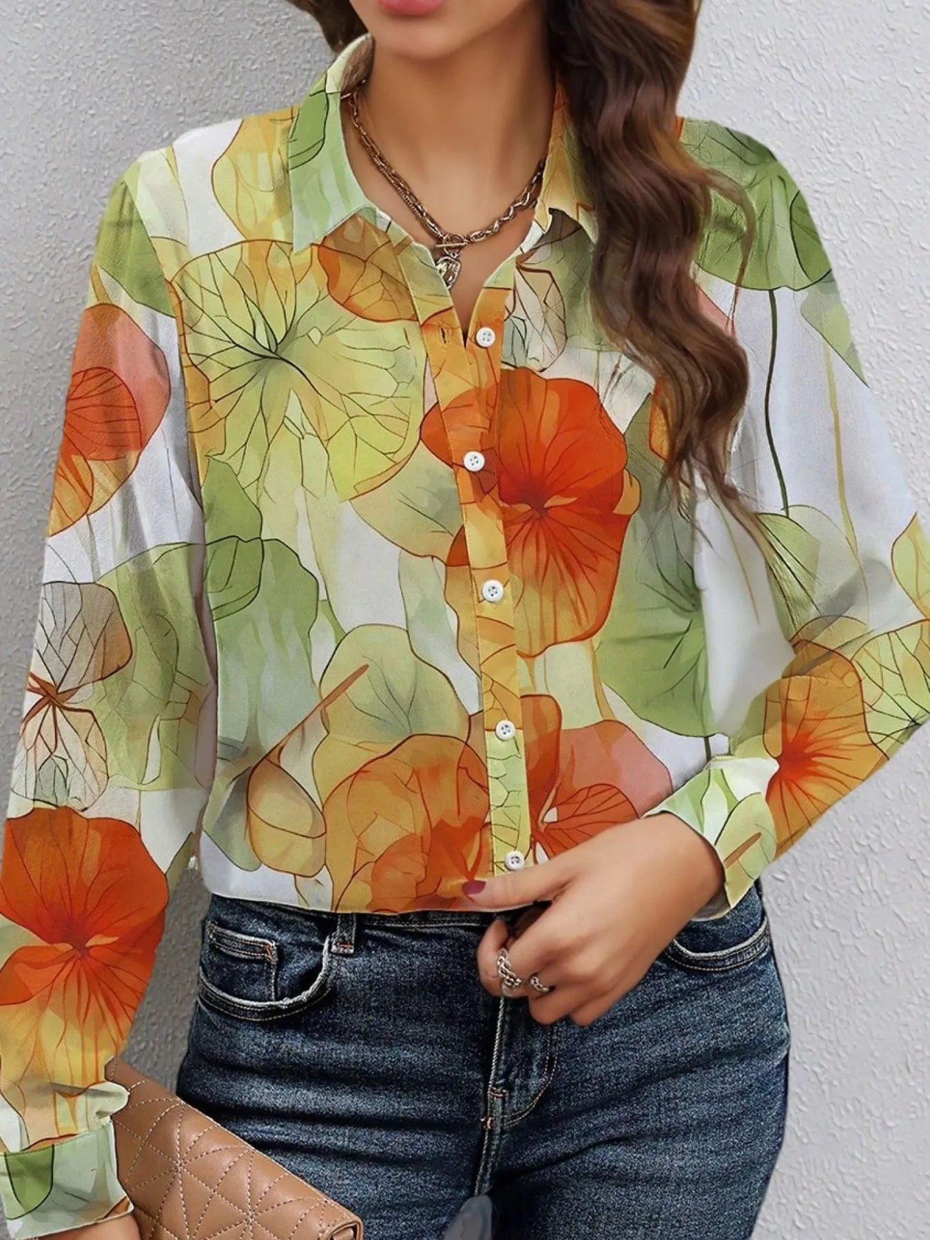 Printed Button Up Long Sleeve Shirt OutfitFlow