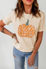 Pumpkin Graphic Round Neck Cuffed T-Shirt OutfitFlow