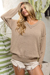 BiBi Raw Edged Popcorn Texture V-neck Sweater OutfitFlow