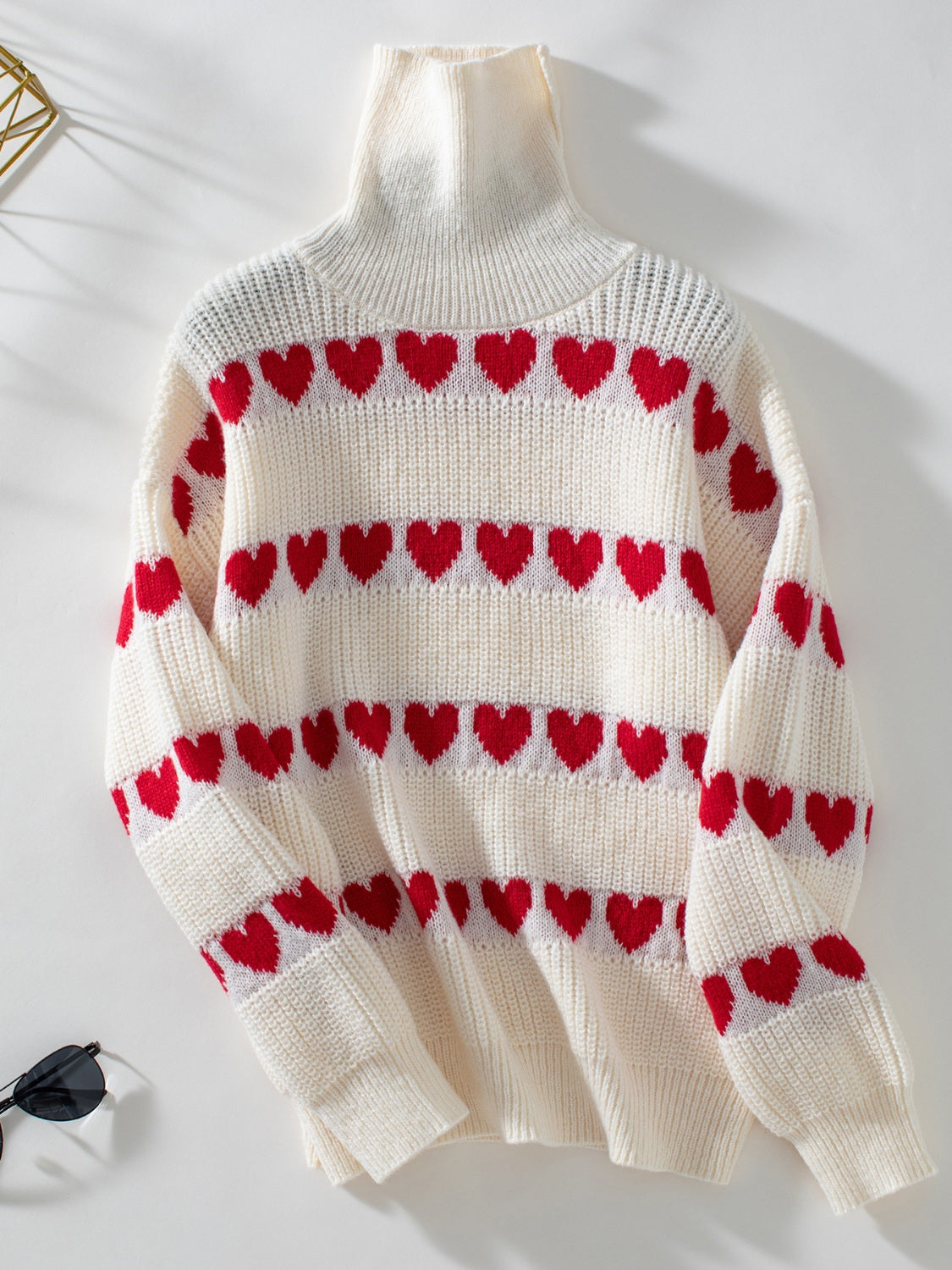 Heart Turtleneck Dropped Shoulder Sweater