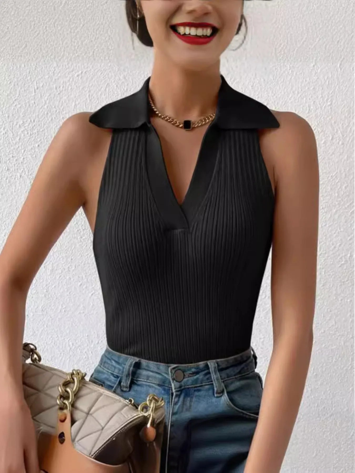 Ribbed Knit Sleeveless Polo Collar Tank Top Black OutfitFlow