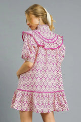 Umgee Ruffled Printed Puff Sleeve Mini Dress OutfitFlow