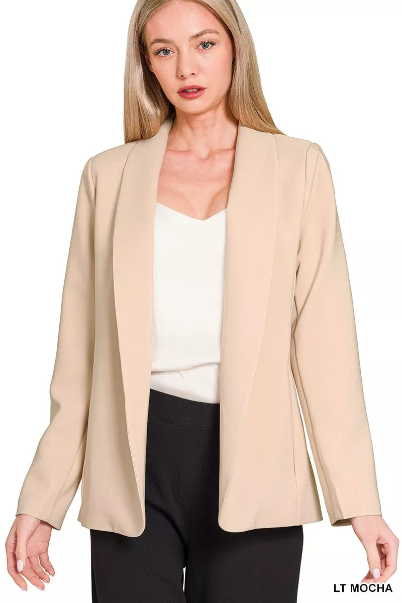 Zenana Woven Long Sleeve Blazer With Lining LT MOCHA OutfitFlow