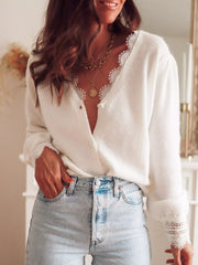 Lace Trim V-Neck Cardigan White Trendsi