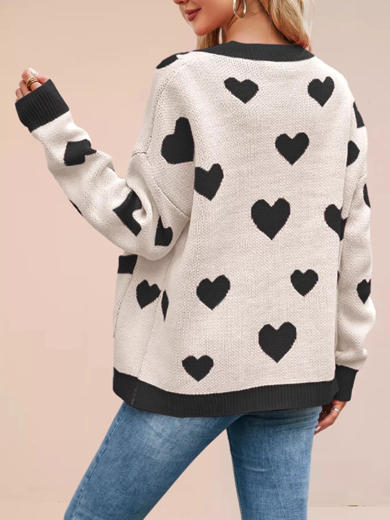 Heart Pattern Button-Up Knit Cardigan OutfitFlow