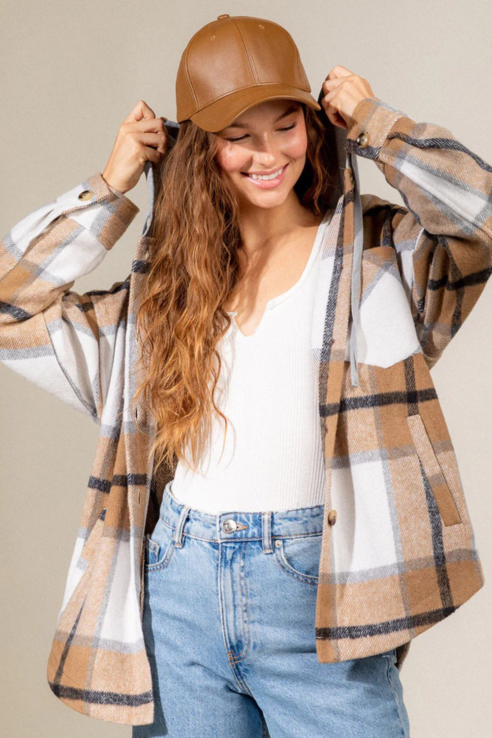 Outfit Flow - Drawstring Plaid Dropped Shoulder Hooded Jacket