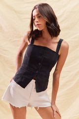 SO ME Button Down Sleeveless Game Day Fitted Denim Top Trendsi