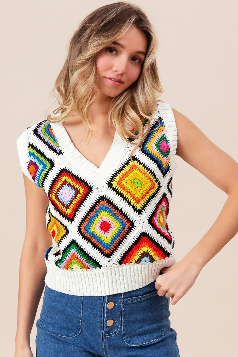 BiBi Diamond Granny Square Sweater Vest OutfitFlow