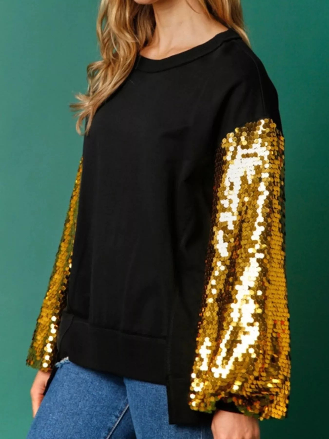 Sequin Long Sleeve Round Neck Sweatshirt OutfitFlow