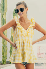 BiBi Ruffled Neckline Sleeveless Check Plaid Peplum Top OutfitFlow