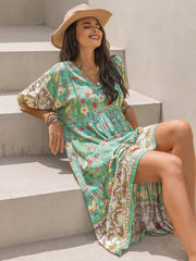 Ruched Printed Puff Sleeve Midi Dress OutfitFlow