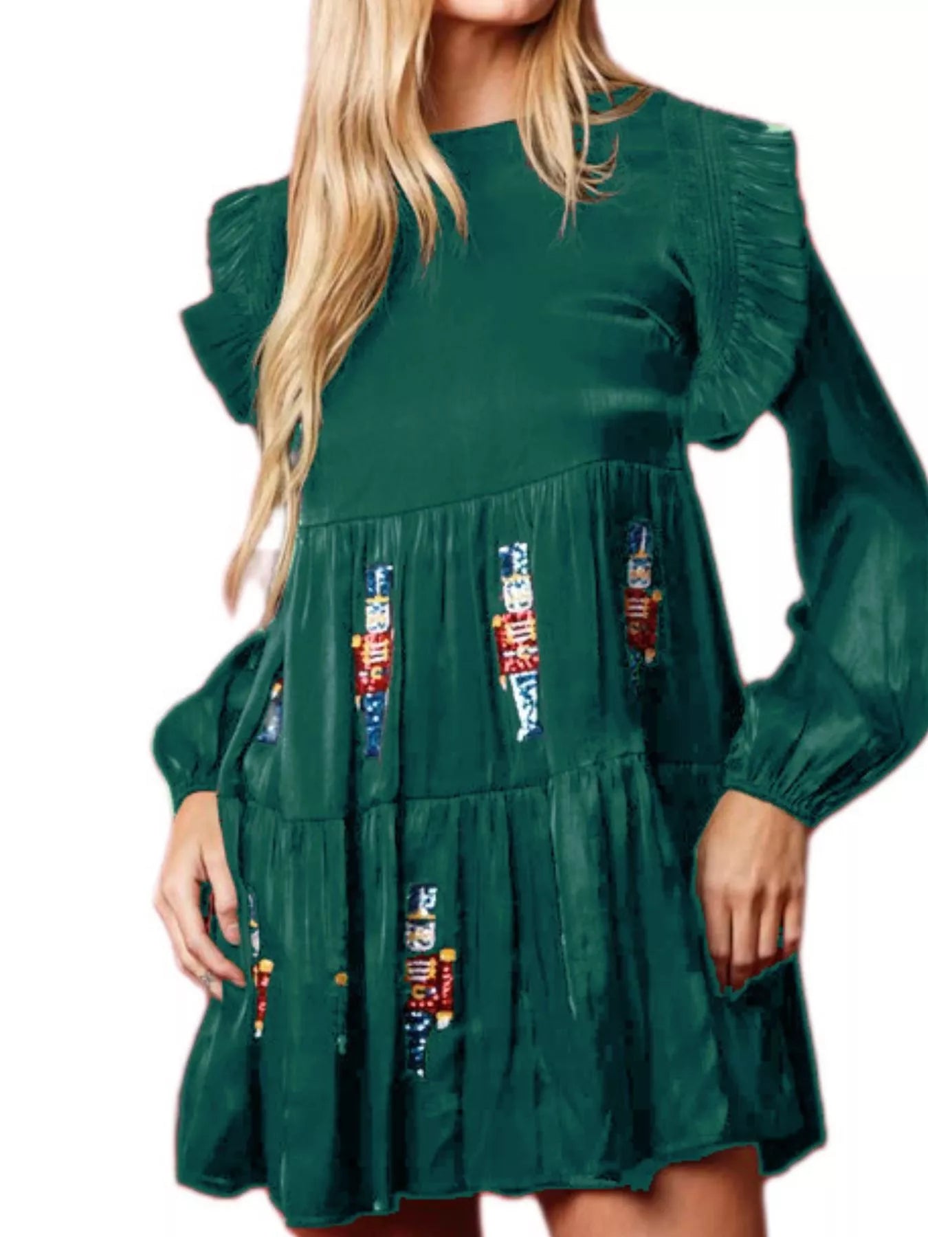 Christmas Ruffled Nutcracker Long Sleeve Dress Green OutfitFlow