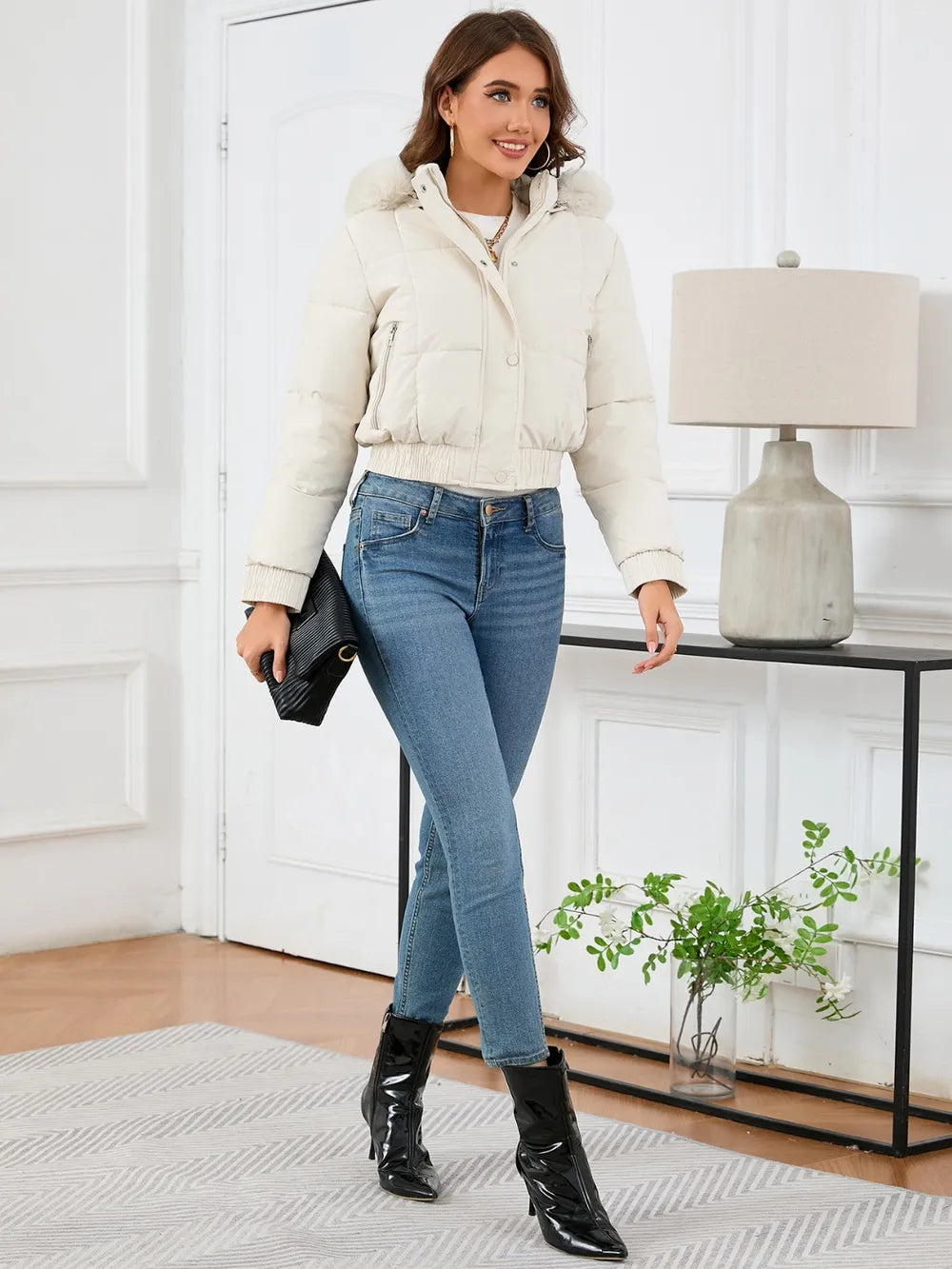 Pocketed Long Sleeve Cropped Hooded Winter Coat OutfitFlow