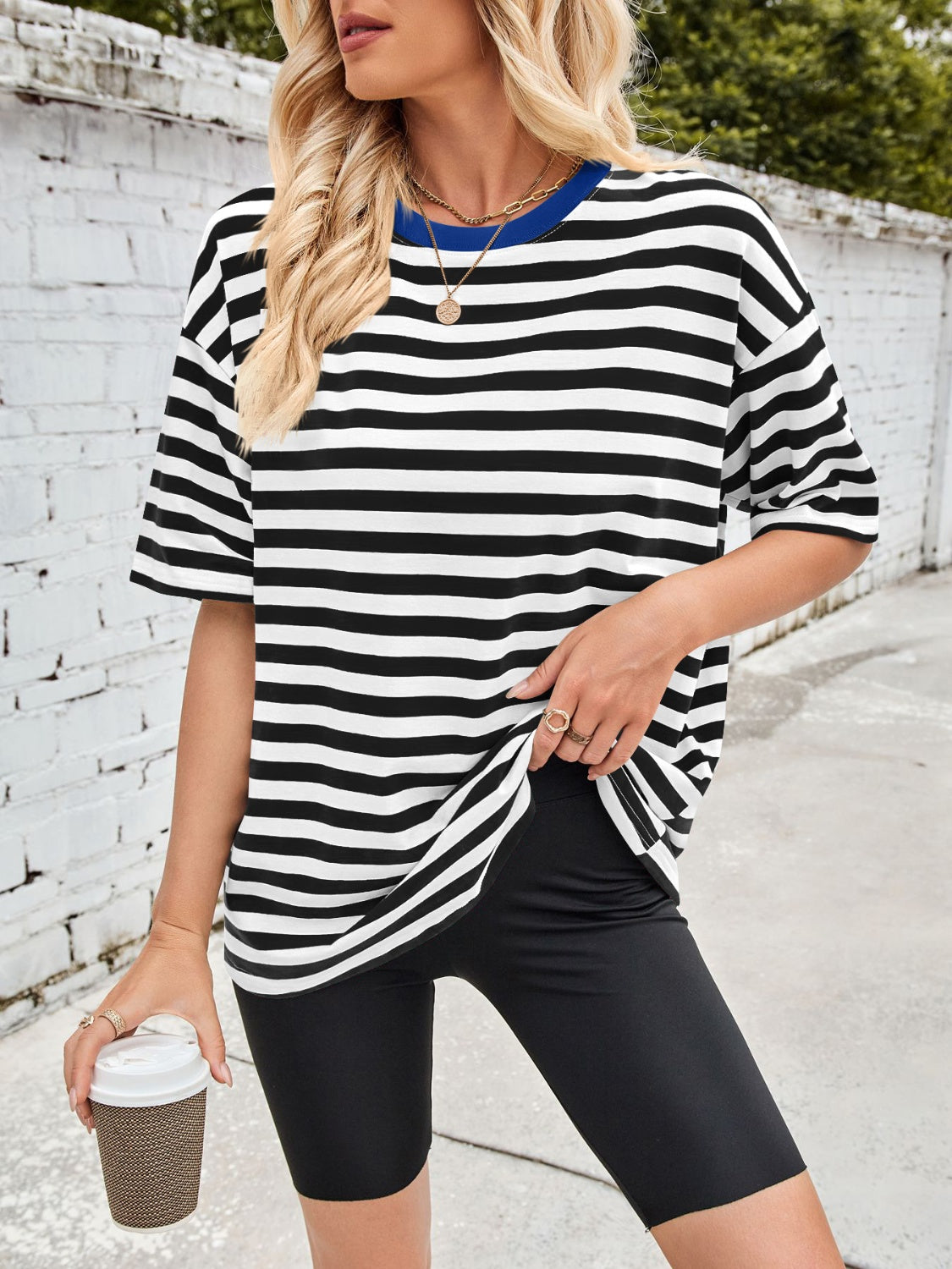 Outfit Flow - Lovelet Striped Round Neck Half Sleeve T-Shirt